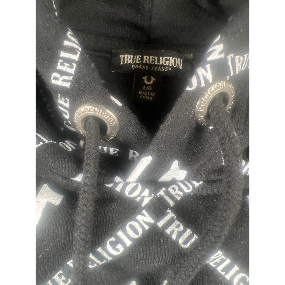 True Religion Mens Black White All Over Logo Print Pullover Hoodie Size Large
